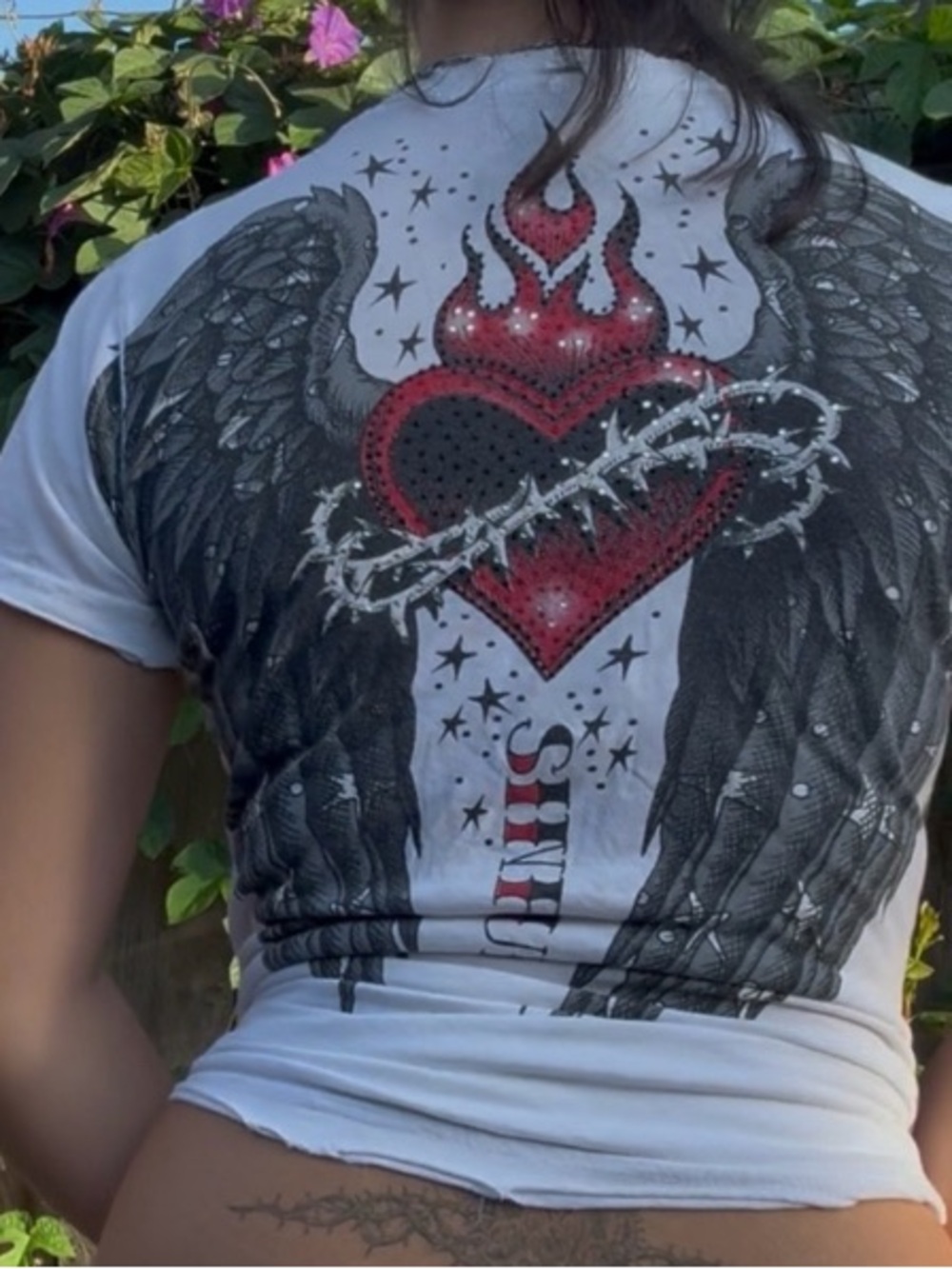 Sinful White Crop Top with Red Heart Graphic - Picture 2 of 4